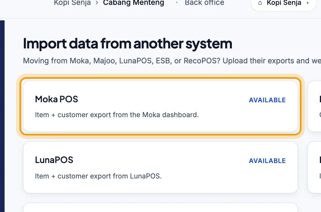 Import data from another system page, the Moka POS card is highlighted
