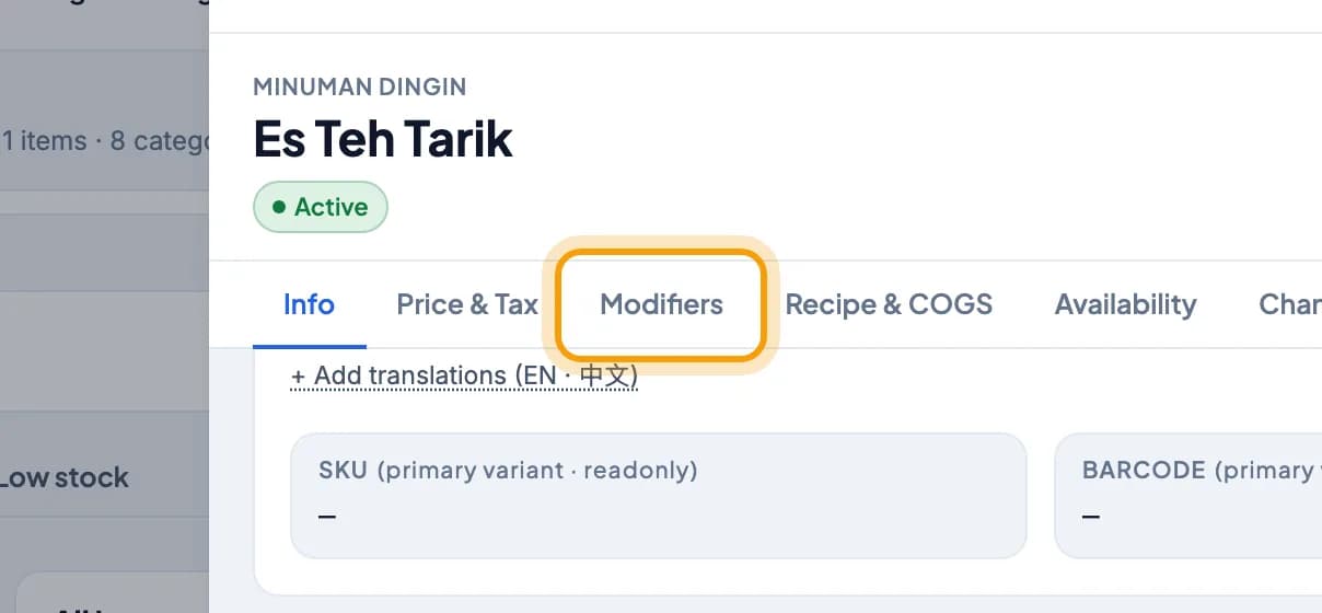 Item panel for Es Teh Tarik, the Modifiers tab is highlighted