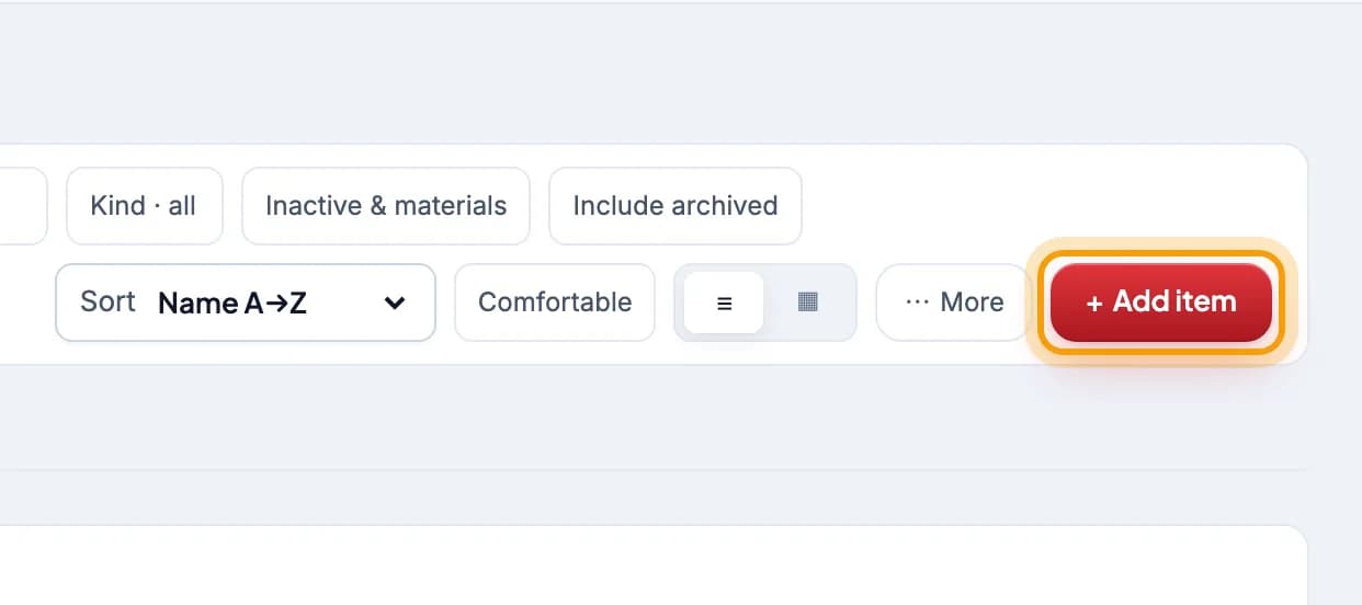 Catalog top bar, the + Add item button is highlighted