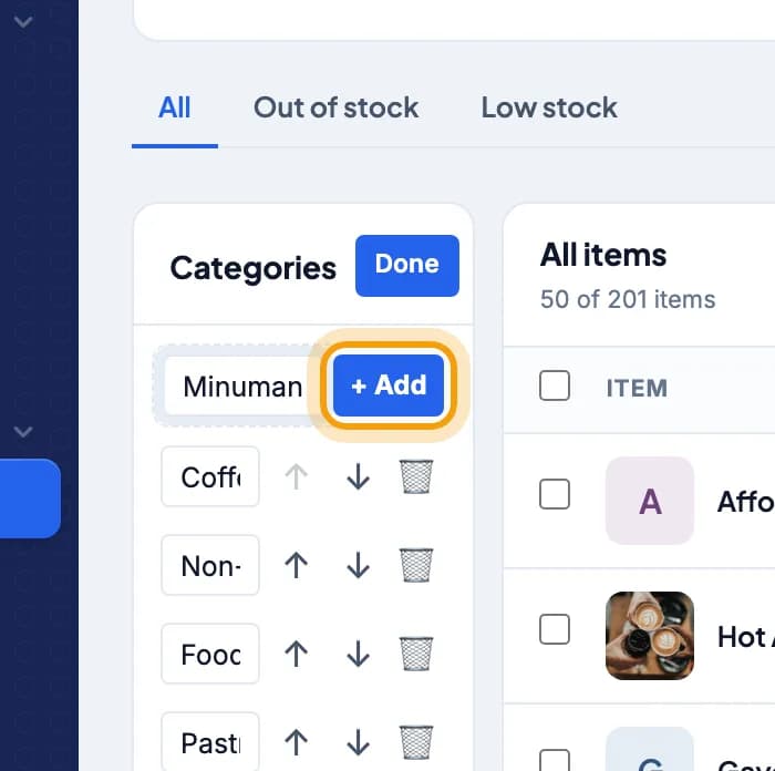 New category name box, the + Add button is highlighted