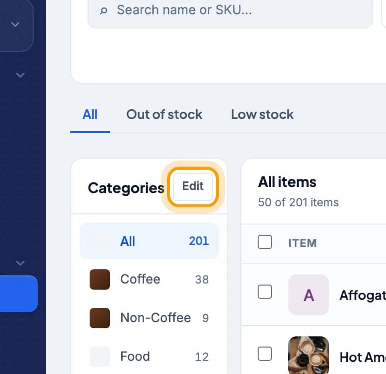Catalog page, the Edit button in the Categories column is highlighted