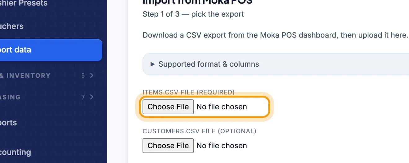 Upload form for the items.csv file, the file picker is highlighted