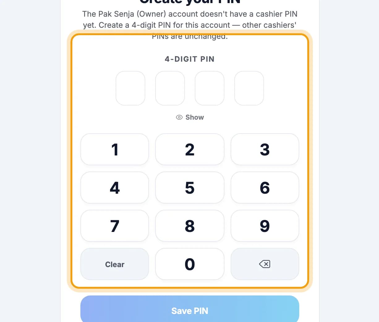 Create your PIN screen with the number pad ringed