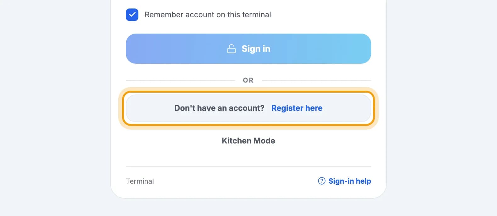 Sign in to PIKaPOS screen, Register here link ringed