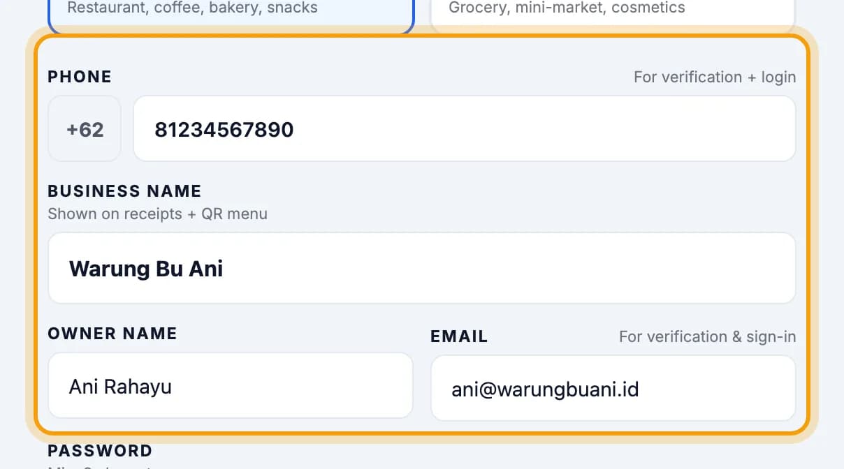 Sign-up form with phone, business name, owner name and email, ringed