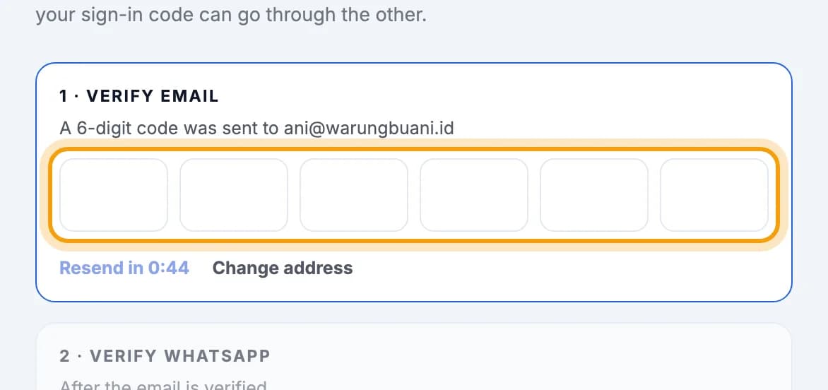 6-digit code boxes under Verify email ringed