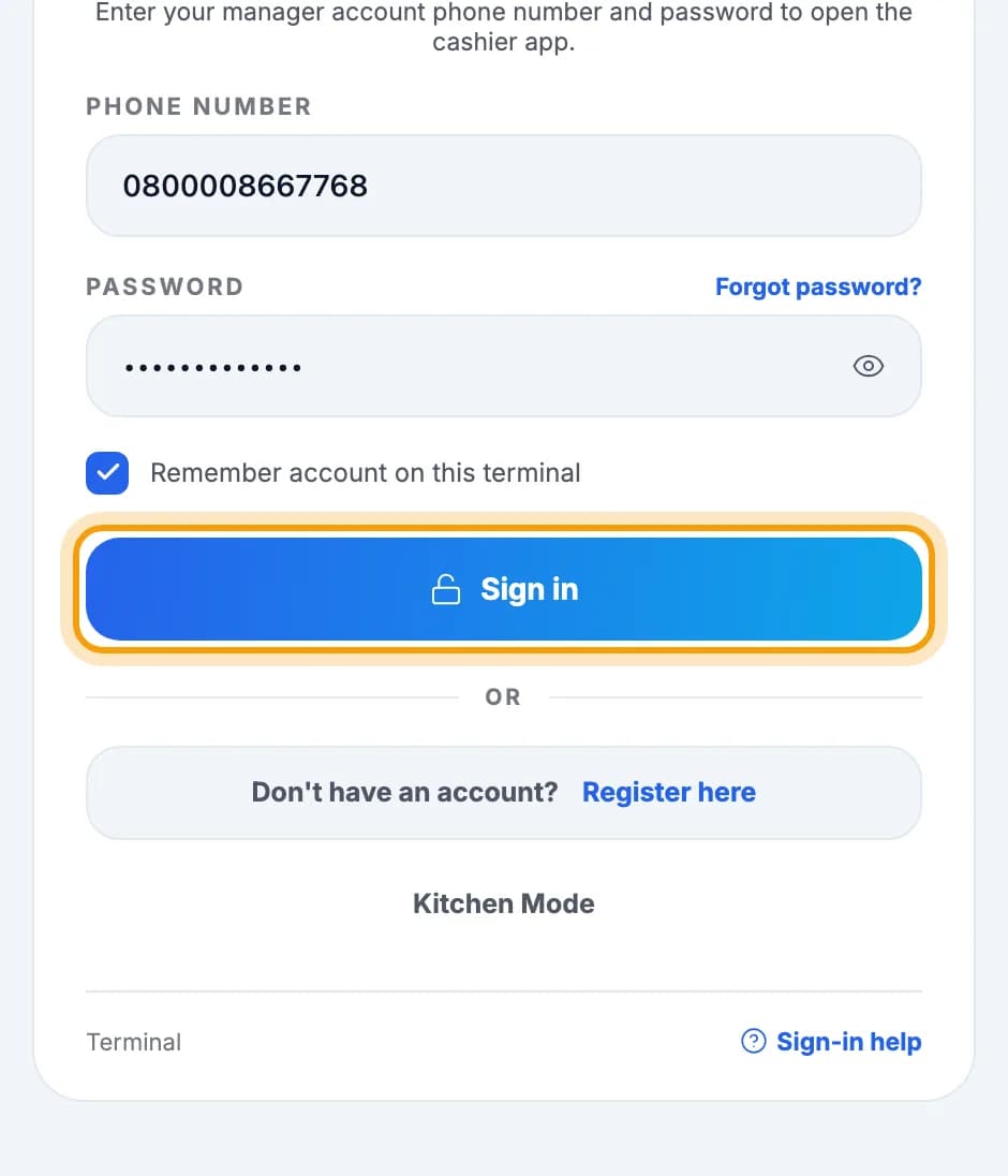 Sign in to PIKaPOS screen with phone and password filled in, Sign in button ringed