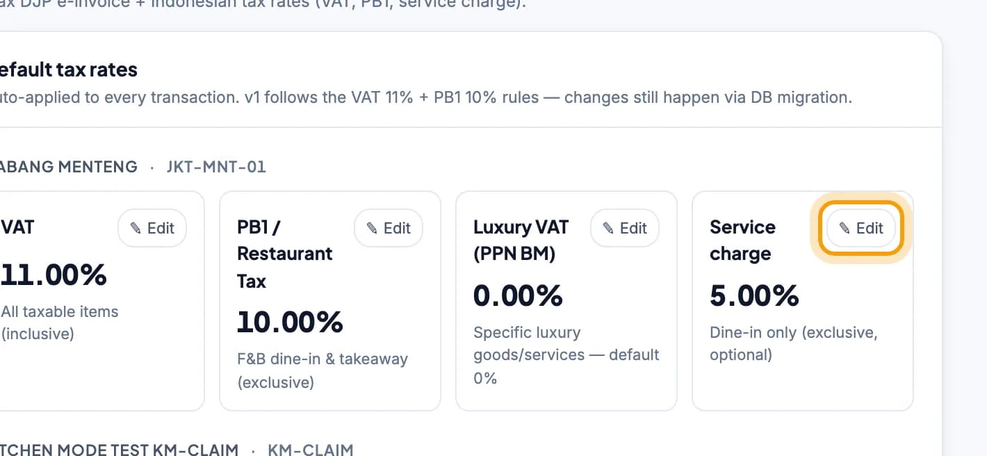 Per-outlet tax rate cards in the web admin, Edit button on Service charge ringed