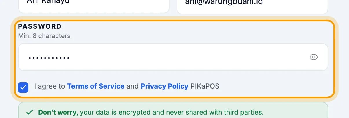 Password field and the Terms of Service checkbox ringed