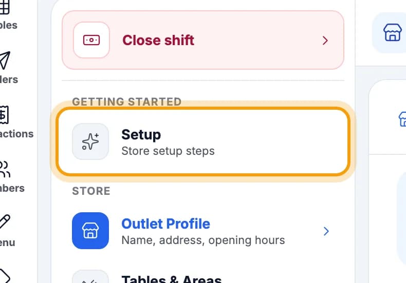 Settings menu on the tablet, Setup ringed