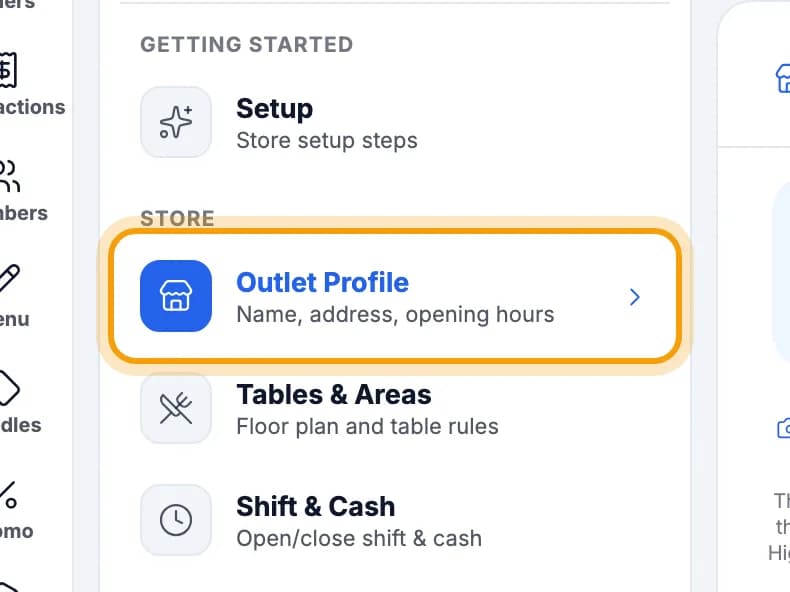 Settings menu on the tablet, Outlet Profile ringed