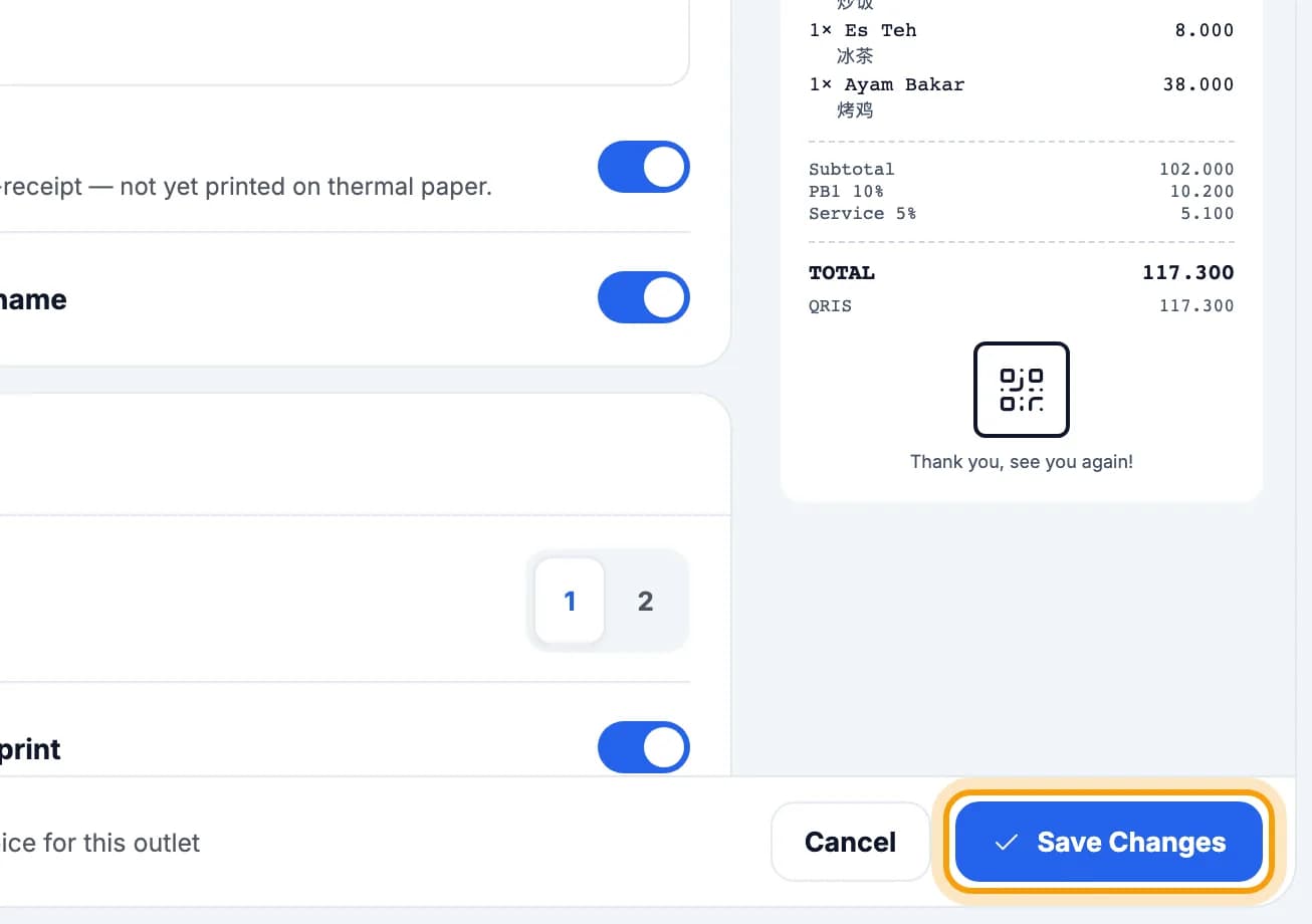 Receipt & Invoice settings with a receipt preview, Save Changes button ringed