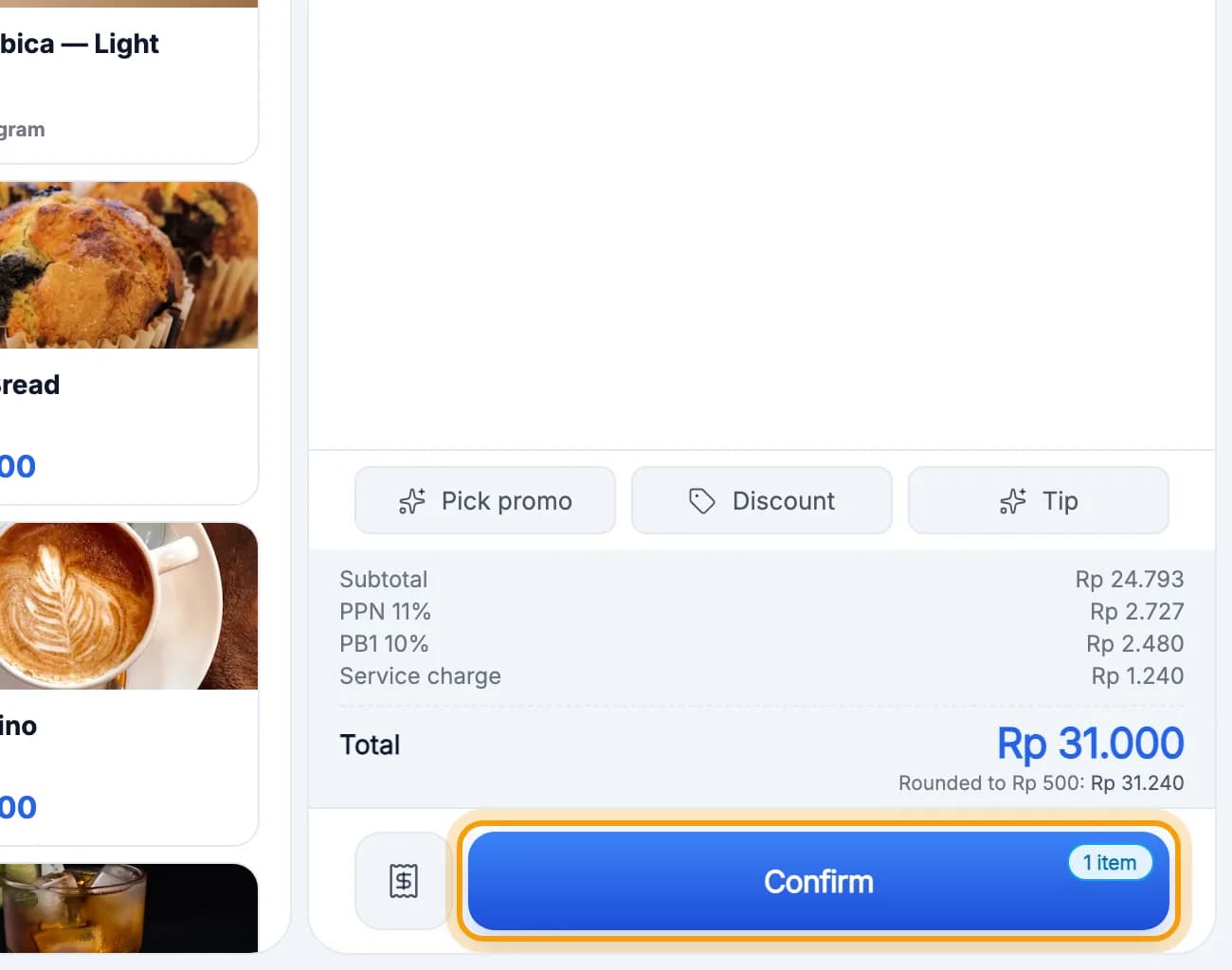 Order column with a Cappuccino, Confirm button ringed
