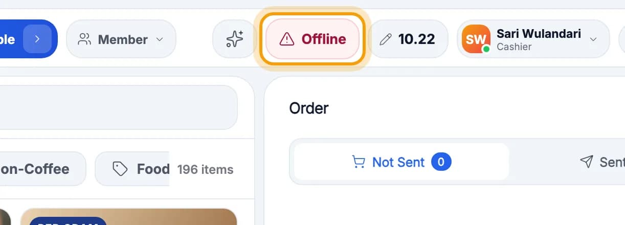 Cashier top bar, Offline status button ringed