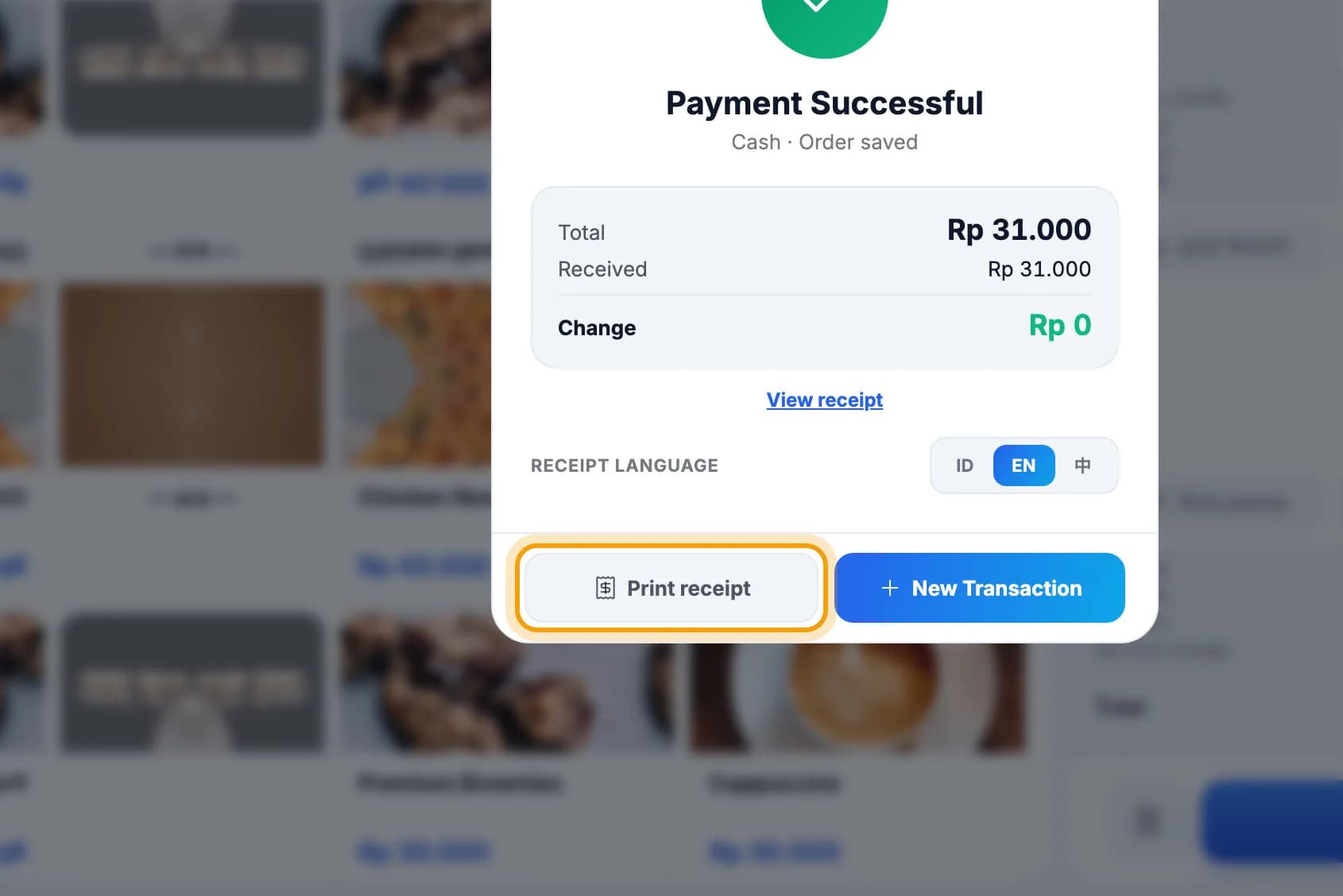 Payment Successful screen, Print receipt button ringed