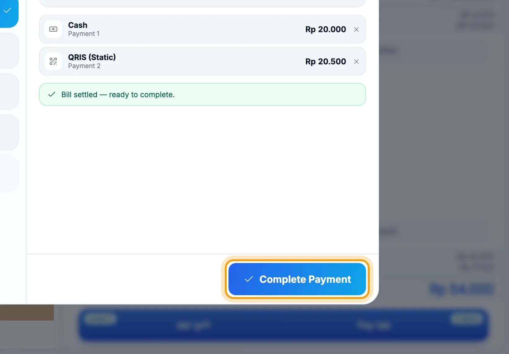 Two payments recorded, Complete Payment button ringed