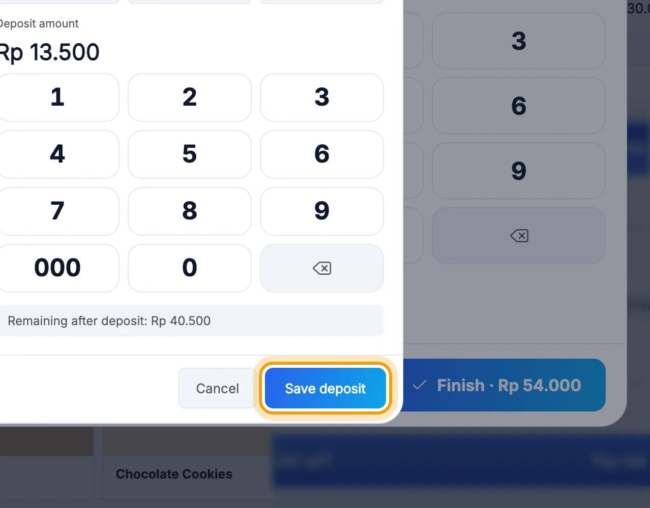 Pay deposit window, Save deposit button ringed