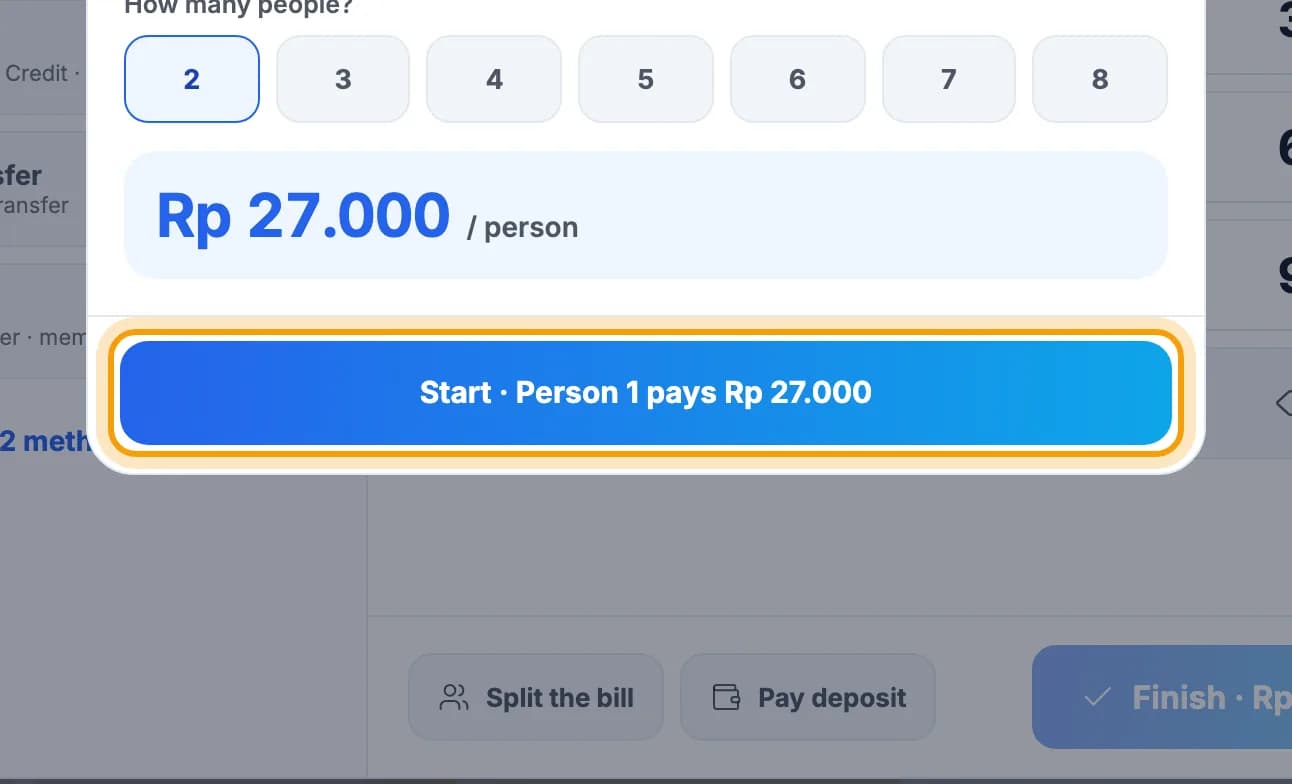 Split the bill window for 2 people, Start button ringed