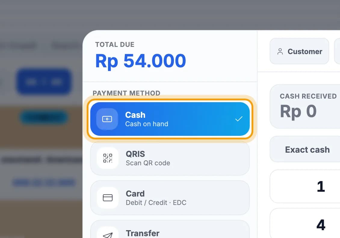 Payment method list with Cash ringed