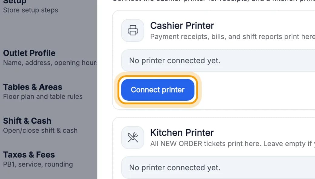 Cashier Printer card, Connect printer button highlighted