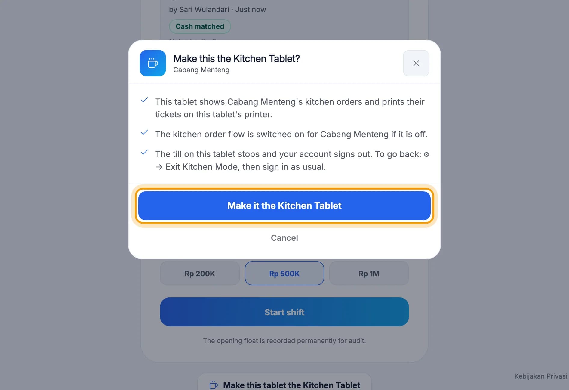 Make this the Kitchen Tablet? prompt, Make it the Kitchen Tablet button ringed