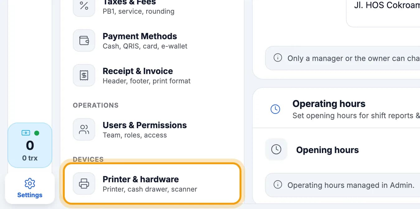 Settings list, Printer & hardware highlighted