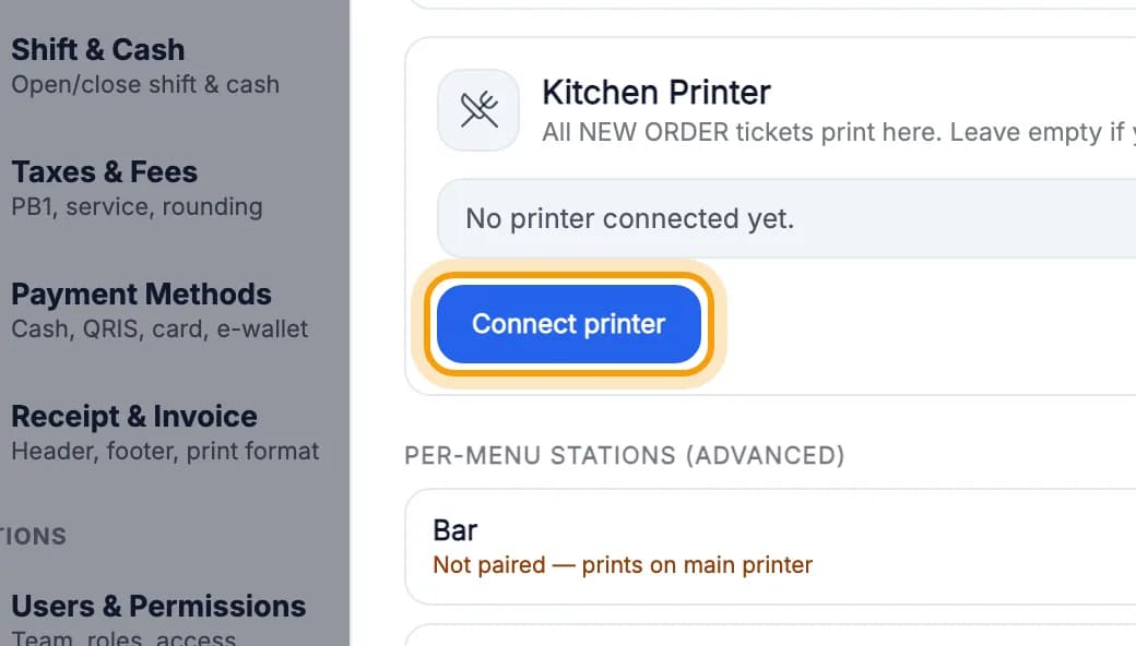 Kitchen Printer card, Connect printer button highlighted