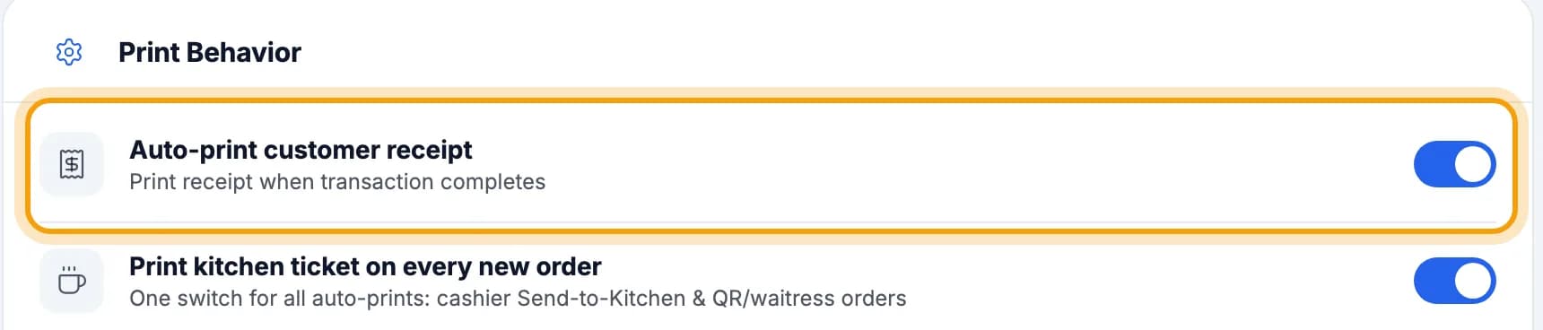 Print Behavior settings, the Auto-print customer receipt switch highlighted