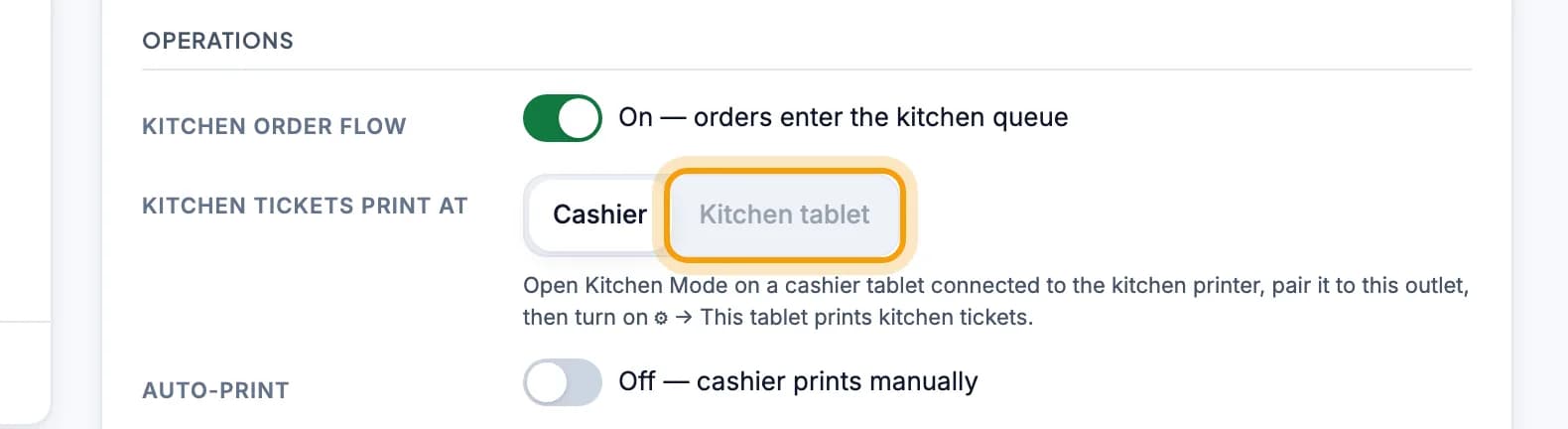 Branch card in the admin, Kitchen tablet option ringed