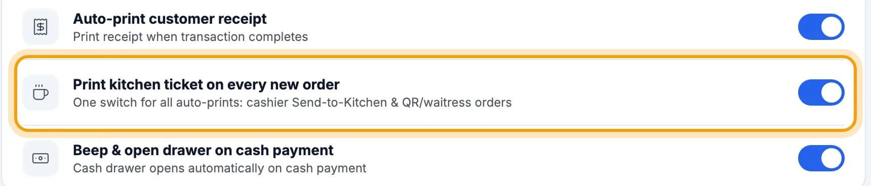 The Print kitchen ticket on every new order switch highlighted