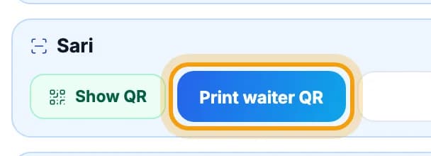 Waiter card for Sari, Print waiter QR button highlighted