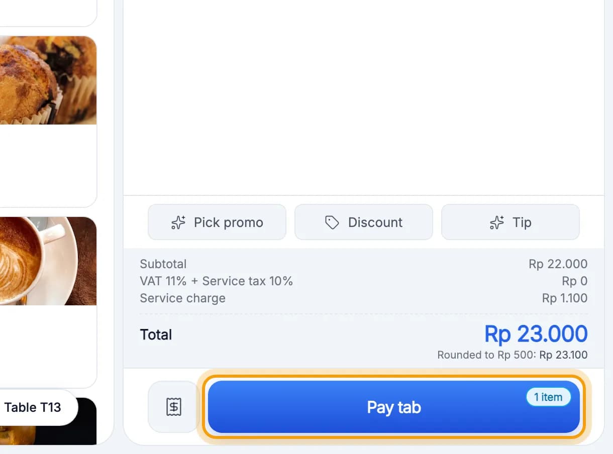 Order column for Table T13, Pay tab button highlighted