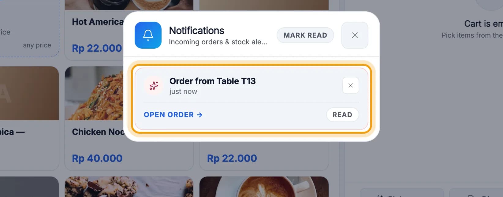 Notifications list, Order from Table T13 card highlighted
