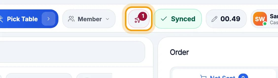 Till top bar, bell icon with the number 1 highlighted