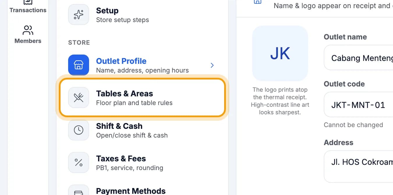 Settings list, Tables & Areas highlighted