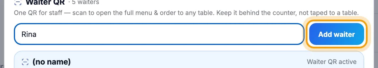 Waiter name box with Rina typed, Add waiter button highlighted