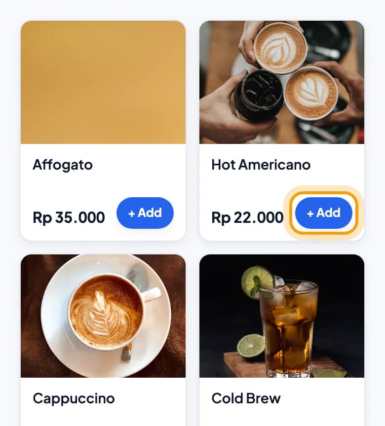 Menu on the guest's phone, + Add on Hot Americano highlighted