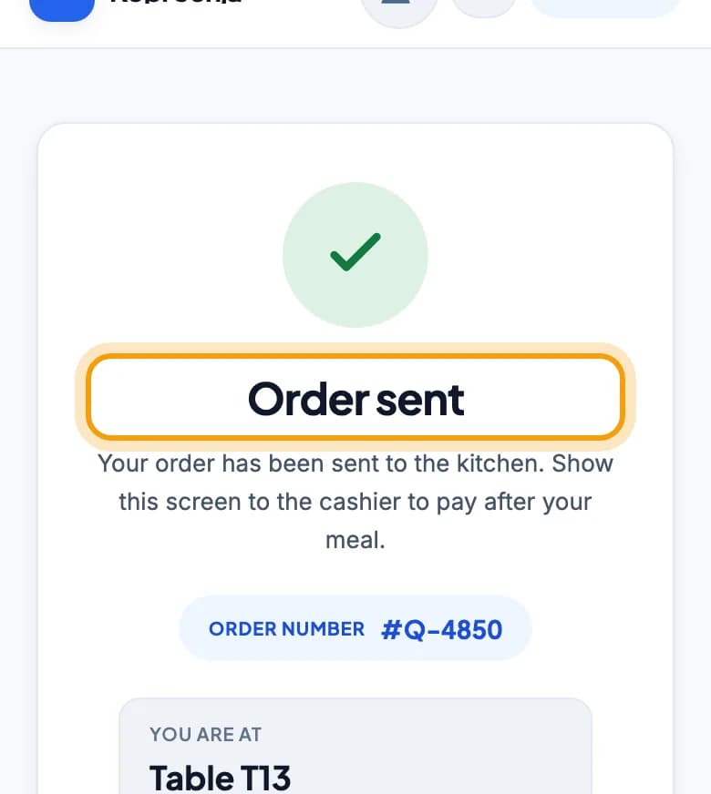 Order sent screen on the guest's phone with the order number and Table T13
