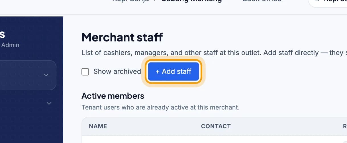 Merchant staff page in the web admin, + Add staff button ringed