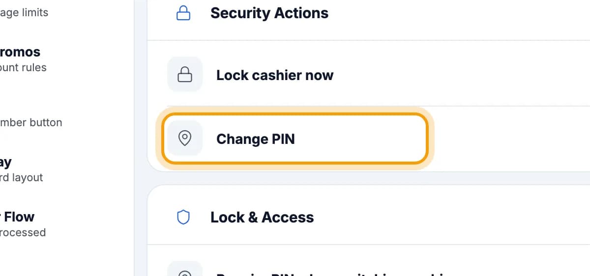 Security page, Change PIN row ringed