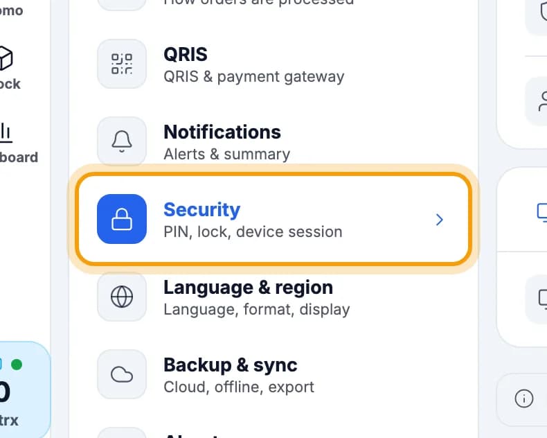 Settings menu on the tablet, Security ringed