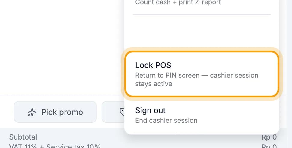 User menu, Lock POS ringed