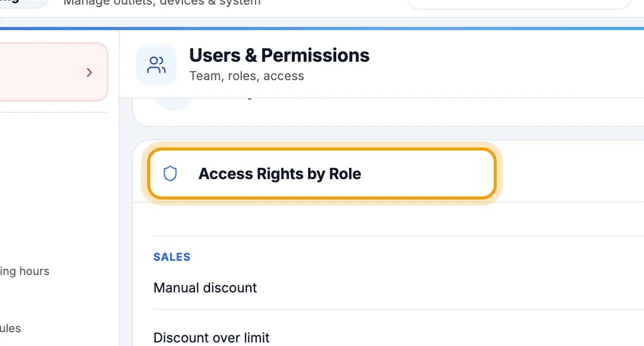 Access Rights by Role heading on the tablet with the first table rows, ringed