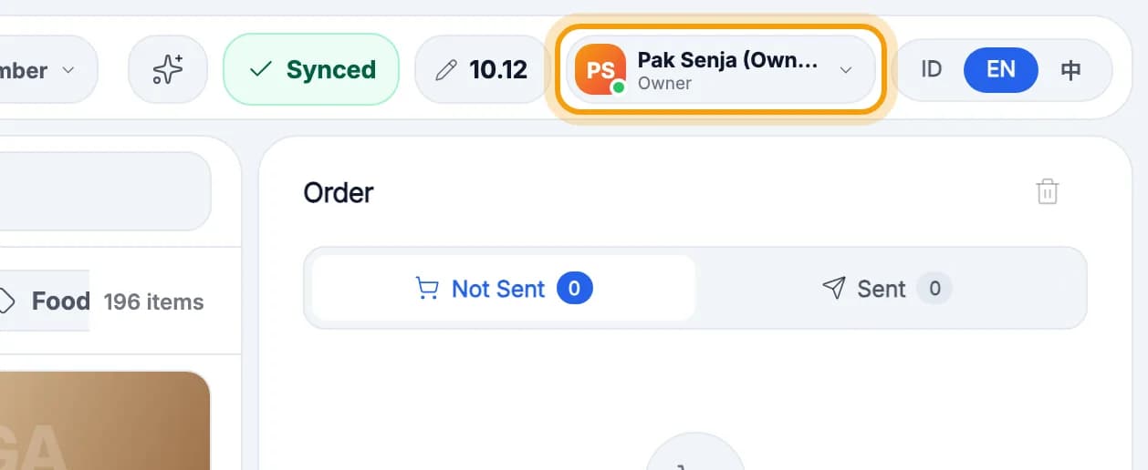 Cashier top bar, the signed-in user's name ringed