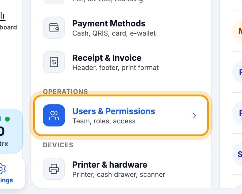 Settings menu on the tablet, Users & Permissions ringed