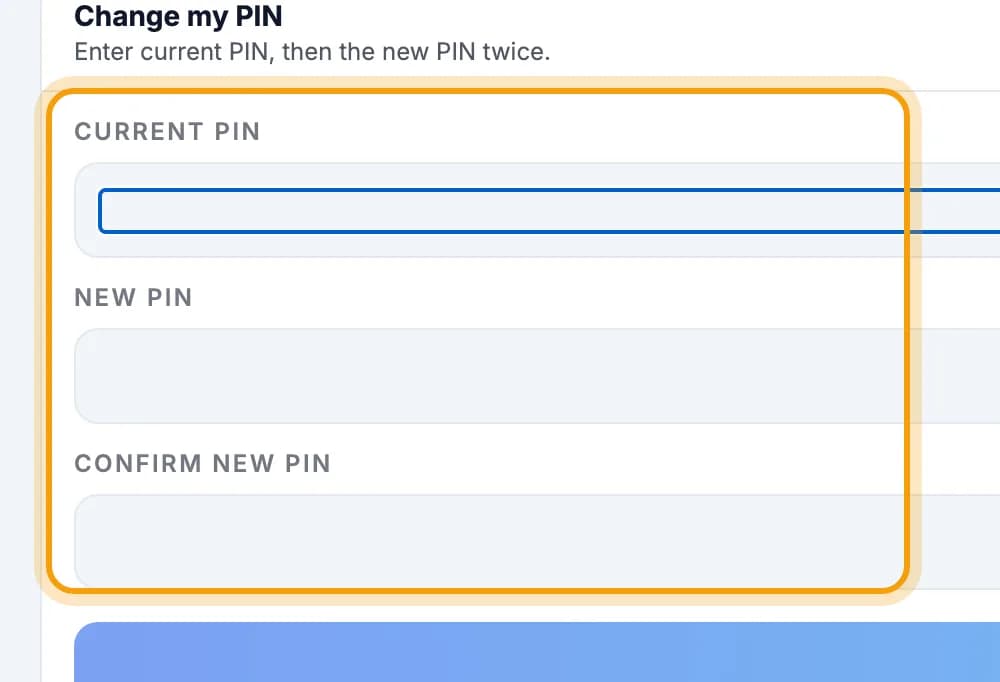My PIN tab in Manage Cashier PIN, the three PIN fields ringed