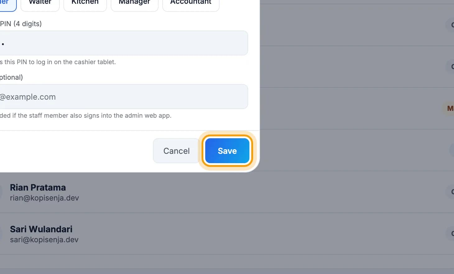 Add new staff sheet with the PIN filled in, Save button ringed