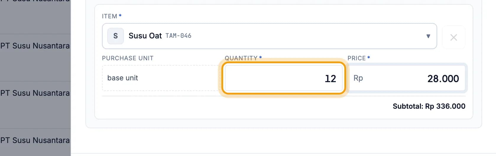 Susu Oat row, the Quantity field with 12 is highlighted
