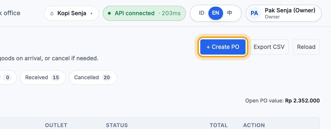 Purchase orders page, the + Create PO button is highlighted