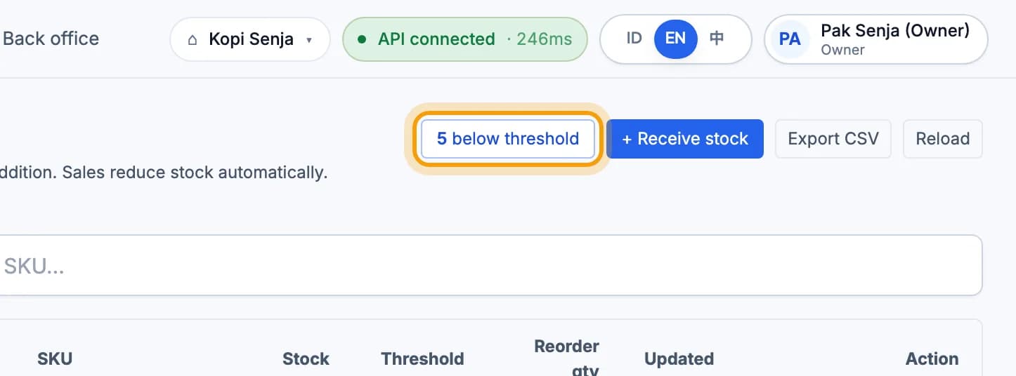 Stock page, the below threshold button is highlighted